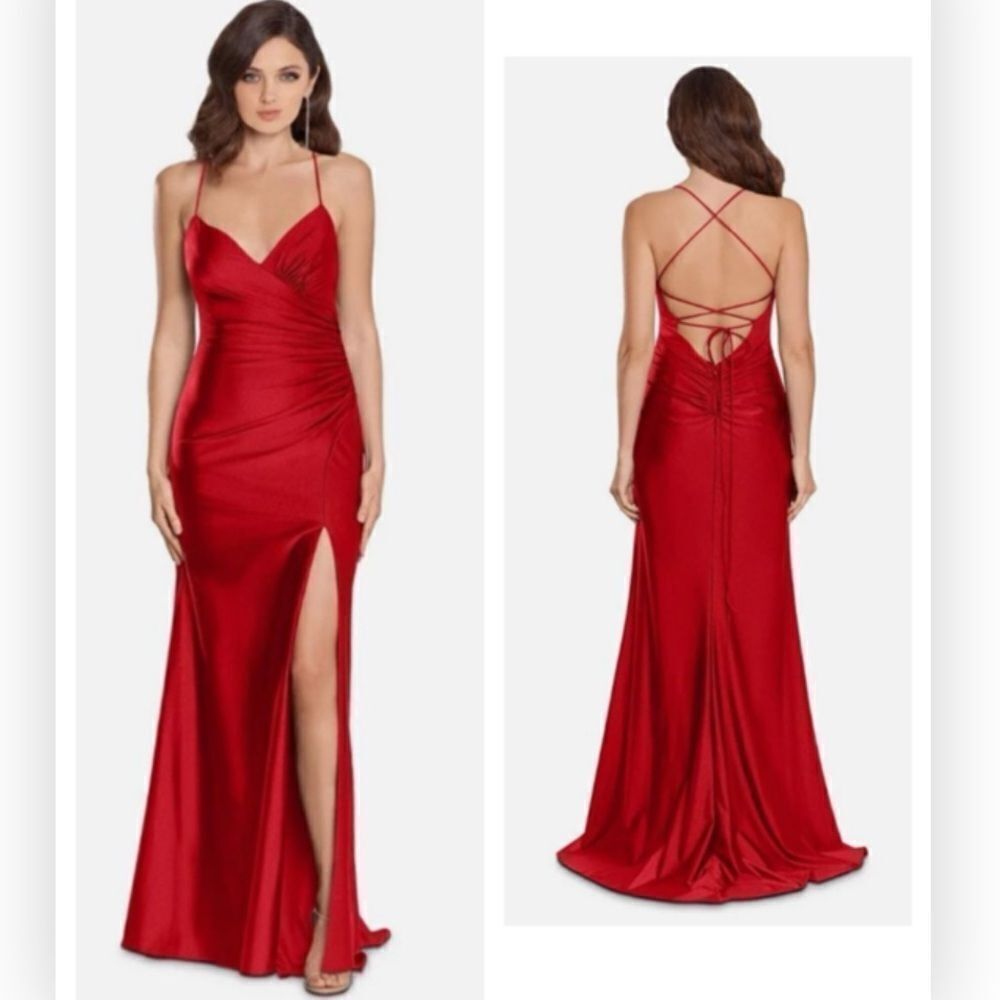 XSCAPE NWT Lace Up Jersey Gown Size 2 Red V Neck Ruched Slit Dress